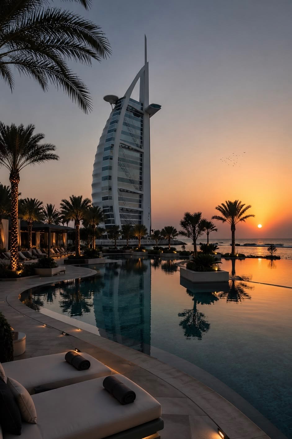 A pool with palm trees facing the Burj Al Arab at sunset